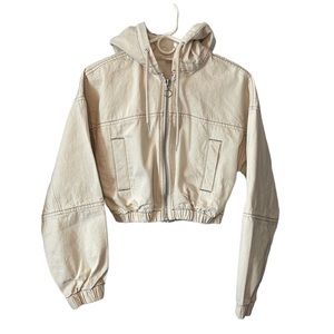 URBAN OUTFITTERS BDG Women’s Denim Cropped Zip Front  Hoodie Jacket in Ecru S